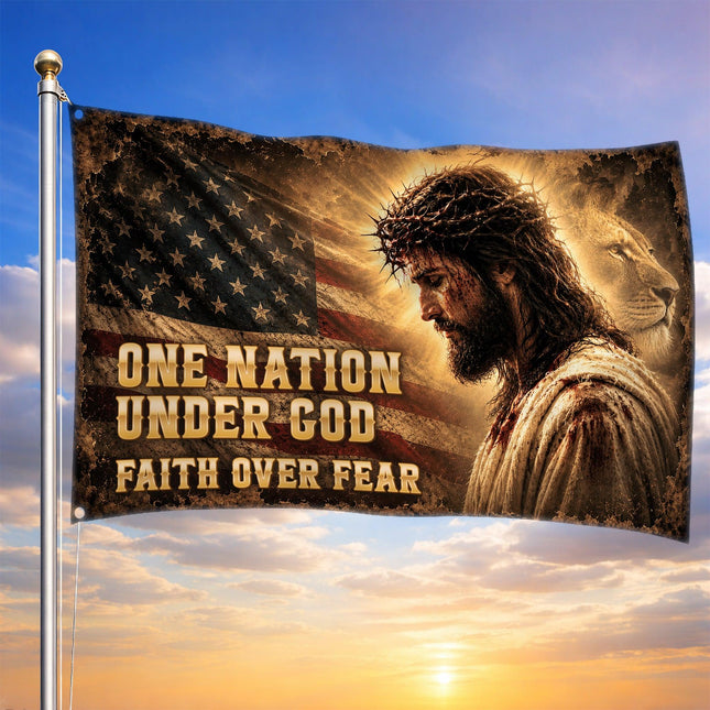 One Nation Under God Lion Jesus Grommet Flag