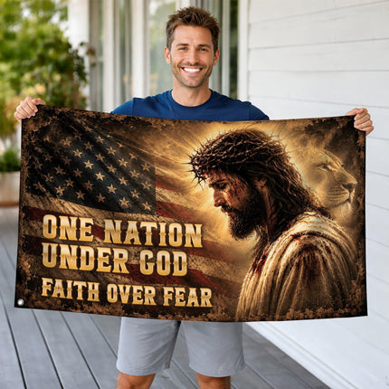 One Nation Under God Lion Jesus Grommet Flag