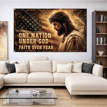 One Nation Under God Lion Jesus Grommet Flag
