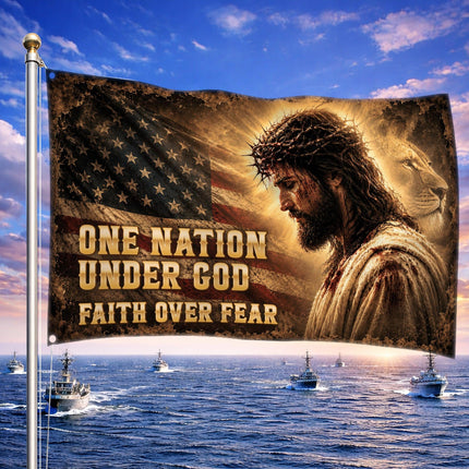 One Nation Under God Lion Jesus Grommet Flag