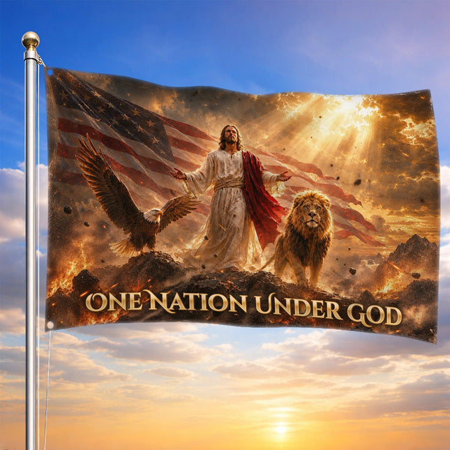 One Nation Under God Eagle Lion Jesus Grommet Flag