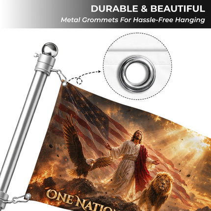 One Nation Under God Eagle Lion Jesus Grommet Flag