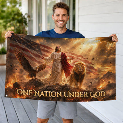 One Nation Under God Eagle Lion Jesus Grommet Flag