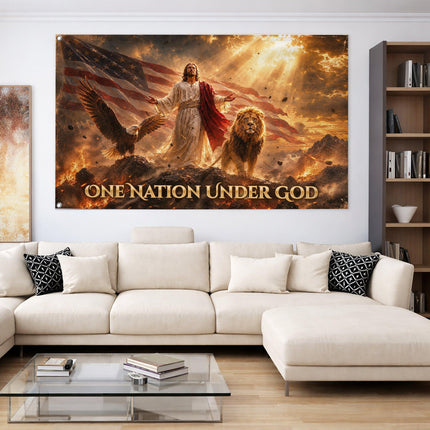 One Nation Under God Eagle Lion Jesus Grommet Flag