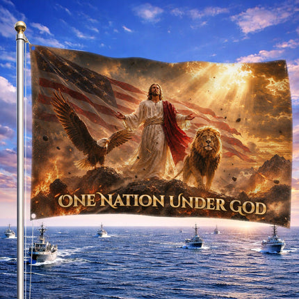 One Nation Under God Eagle Lion Jesus Grommet Flag