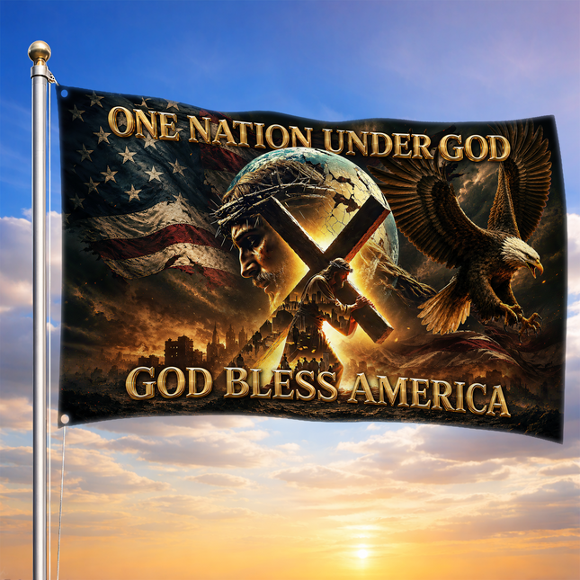 One Nation Under God God Bless America Jesus Cross Eagle Grommet Flag