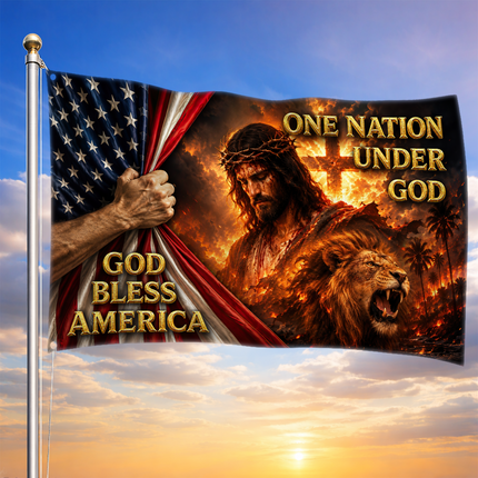 God Bless America One Nation Under God Jesus Lion Cross Grommet Flag
