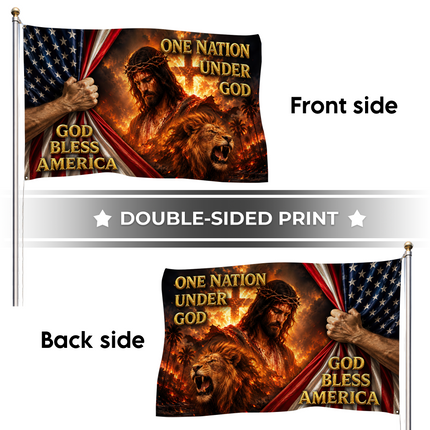God Bless America One Nation Under God Jesus Lion Cross Grommet Flag