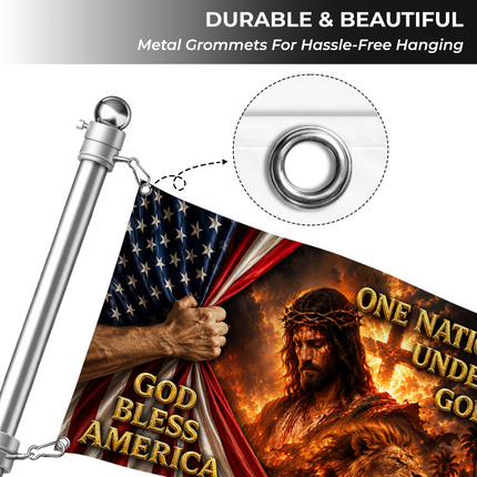 God Bless America One Nation Under God Jesus Lion Cross Grommet Flag