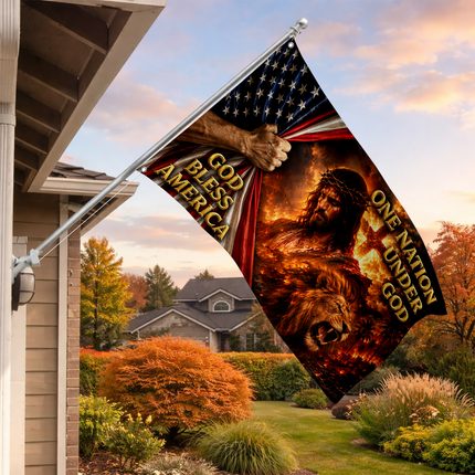 God Bless America One Nation Under God Jesus Lion Cross Grommet Flag