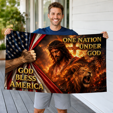 God Bless America One Nation Under God Jesus Lion Cross Grommet Flag