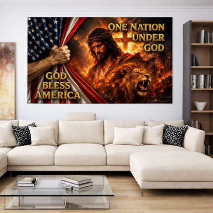 God Bless America One Nation Under God Jesus Lion Cross Grommet Flag