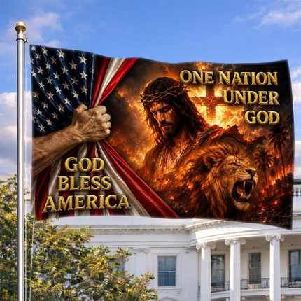 God Bless America One Nation Under God Jesus Lion Cross Grommet Flag