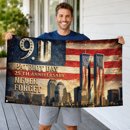 25th Anniversary Patriot Day Vintage Skyline Twin Towers Grommet Flag