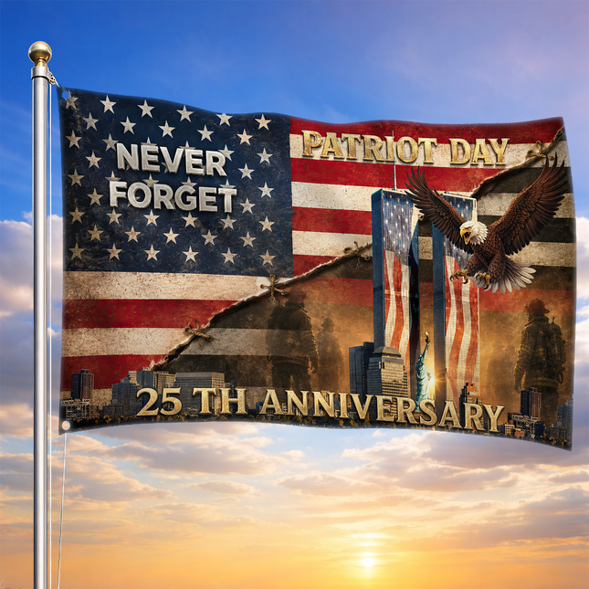 25th Anniversary Patriot Day Torn American Flag Eagle Firefighter Grommet Flag