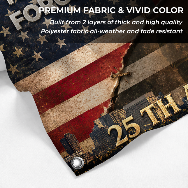 25th Anniversary Patriot Day Torn American Flag Eagle Firefighter Grommet Flag