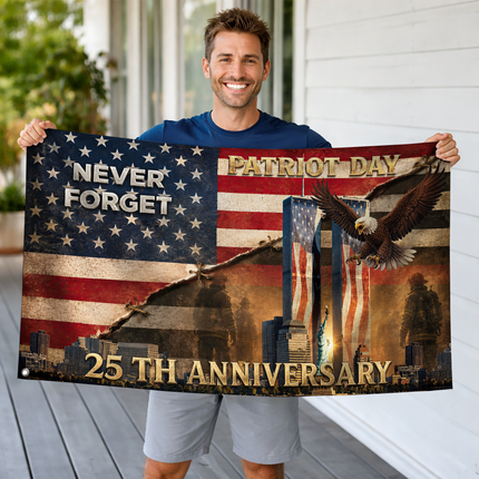25th Anniversary Patriot Day Torn American Flag Eagle Firefighter Grommet Flag