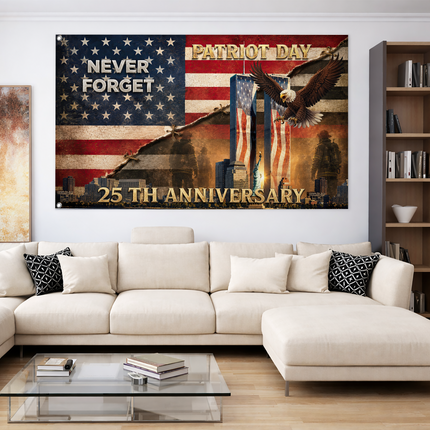 25th Anniversary Patriot Day Torn American Flag Eagle Firefighter Grommet Flag