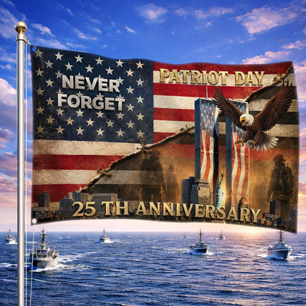 25th Anniversary Patriot Day Torn American Flag Eagle Firefighter Grommet Flag