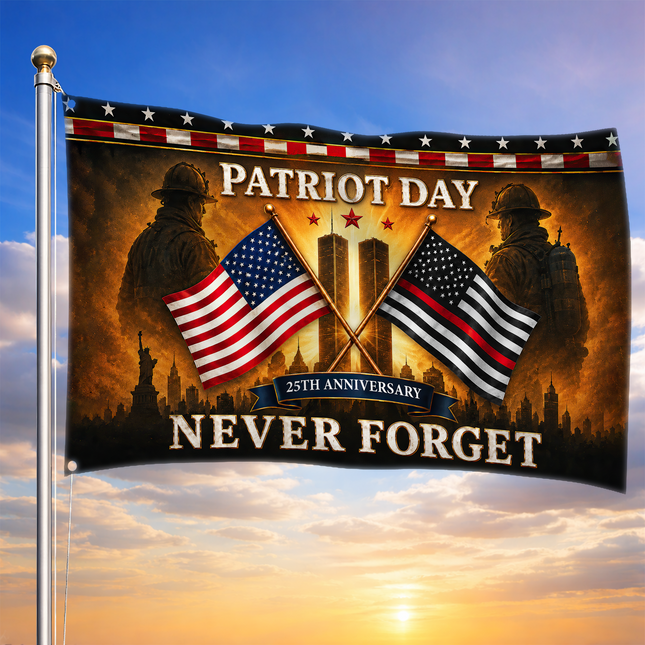 25th Anniversary Patriot Day Thin Red Line Crossed Flags Firefighter Grommet Flag