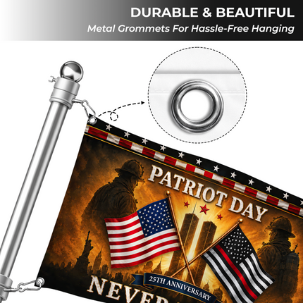 25th Anniversary Patriot Day Thin Red Line Crossed Flags Firefighter Grommet Flag