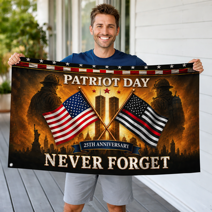 25th Anniversary Patriot Day Thin Red Line Crossed Flags Firefighter Grommet Flag