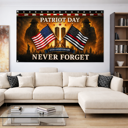25th Anniversary Patriot Day Thin Red Line Crossed Flags Firefighter Grommet Flag