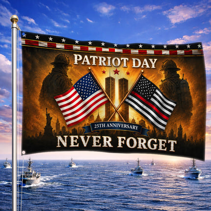 25th Anniversary Patriot Day Thin Red Line Crossed Flags Firefighter Grommet Flag