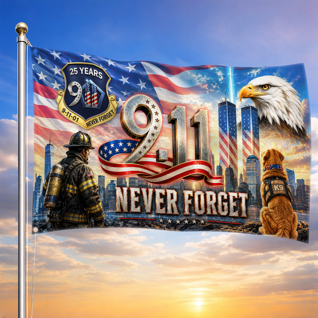 Patriot Day 25th Anniversary Firefighter K9 Never Forget Grommet Flag