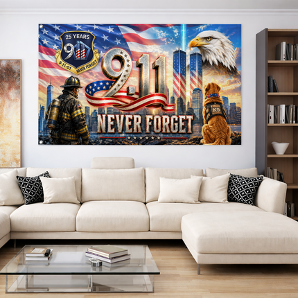 Patriot Day 25th Anniversary Firefighter K9 Never Forget Grommet Flag