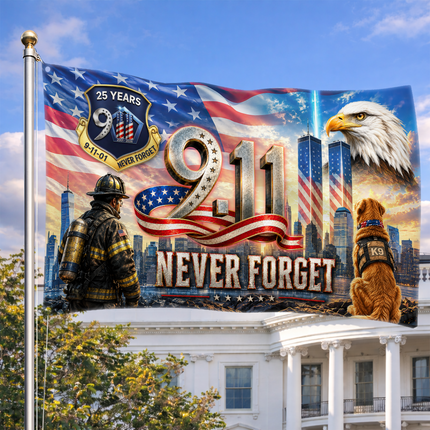 Patriot Day 25th Anniversary Firefighter K9 Never Forget Grommet Flag