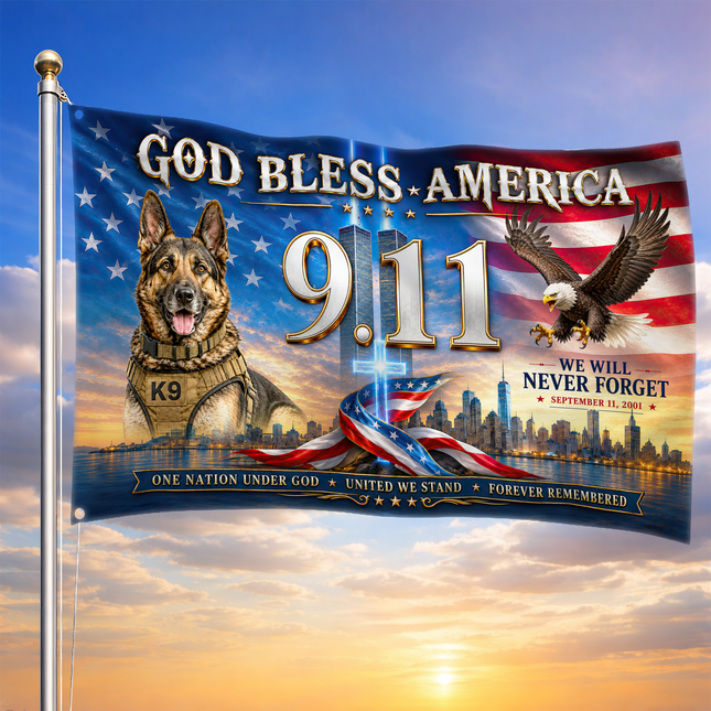 Patriot Day 25th Anniversary God Bless America K9 Eagle Grommet Flag