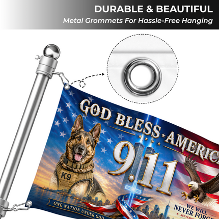 Patriot Day 25th Anniversary God Bless America K9 Eagle Grommet Flag