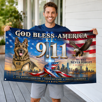Patriot Day 25th Anniversary God Bless America K9 Eagle Grommet Flag
