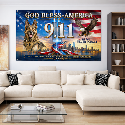 Patriot Day 25th Anniversary God Bless America K9 Eagle Grommet Flag