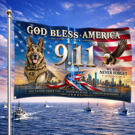 Patriot Day 25th Anniversary God Bless America K9 Eagle Grommet Flag