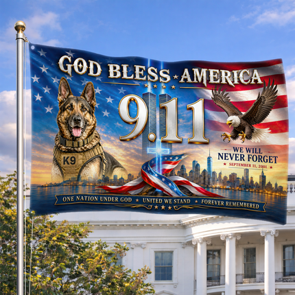 Patriot Day 25th Anniversary God Bless America K9 Eagle Grommet Flag