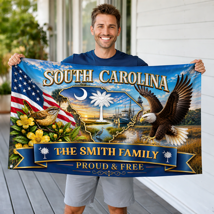 Personalized  South Carolina Grommet Flag Custom Family Name Proud and Free Eagle