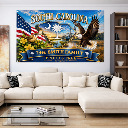 Personalized  South Carolina Grommet Flag Custom Family Name Proud and Free Eagle