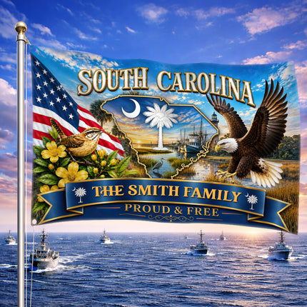 Personalized  South Carolina Grommet Flag Custom Family Name Proud and Free Eagle