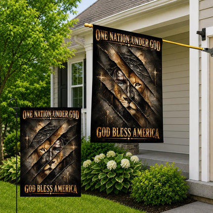 One Nation Under God Bless America Torn Lion Flag