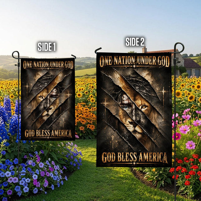 One Nation Under God Bless America Torn Lion Flag