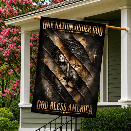 One Nation Under God Bless America Torn Lion Flag