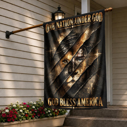 One Nation Under God Bless America Torn Lion Flag