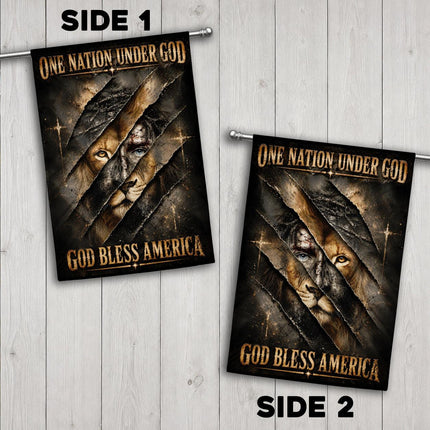 One Nation Under God Bless America Torn Lion Flag