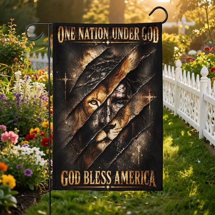 One Nation Under God Bless America Torn Lion Flag