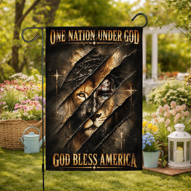 One Nation Under God Bless America Torn Lion Flag