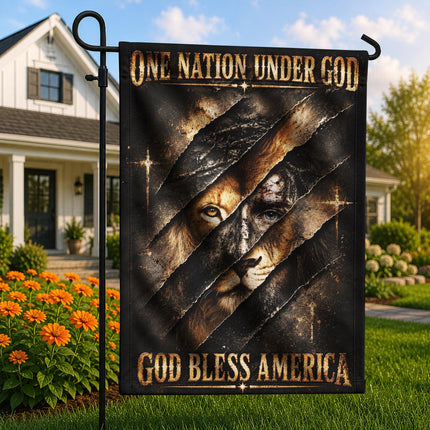 One Nation Under God Bless America Torn Lion Flag