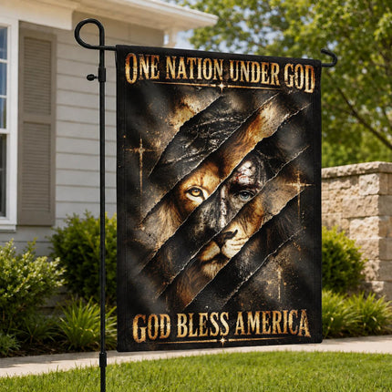 One Nation Under God Bless America Torn Lion Flag