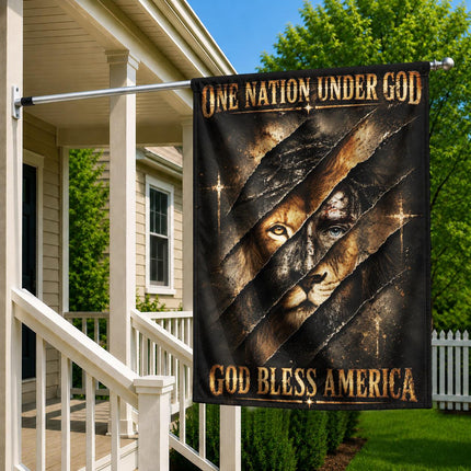 One Nation Under God Bless America Torn Lion Flag